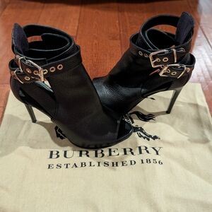 Burberry Black Leather Open-Toe Stiletto Booties with Buckle Straps